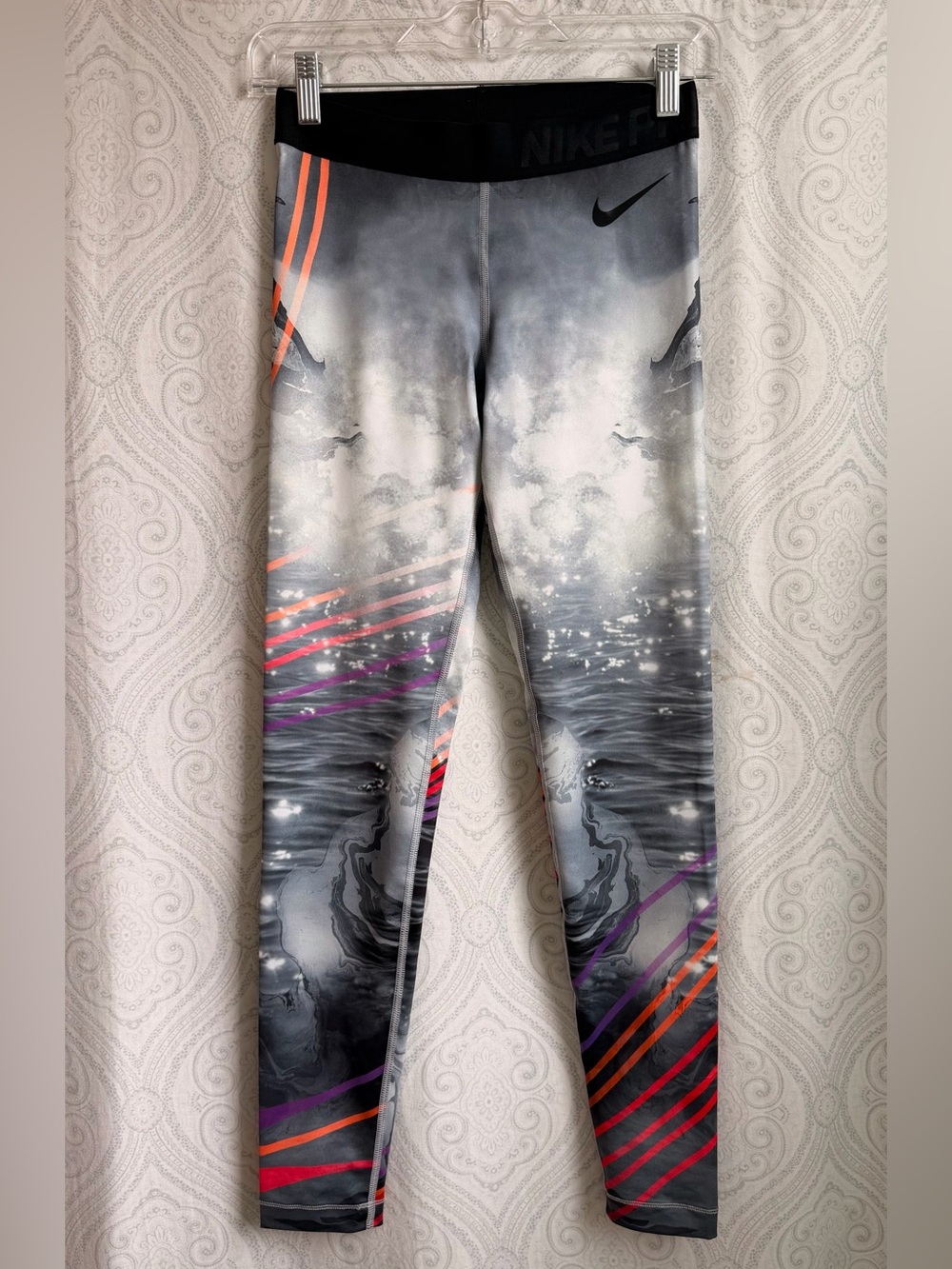 Nike Black & Gray Marble Leggings with Red, Orange and Purple Stripes